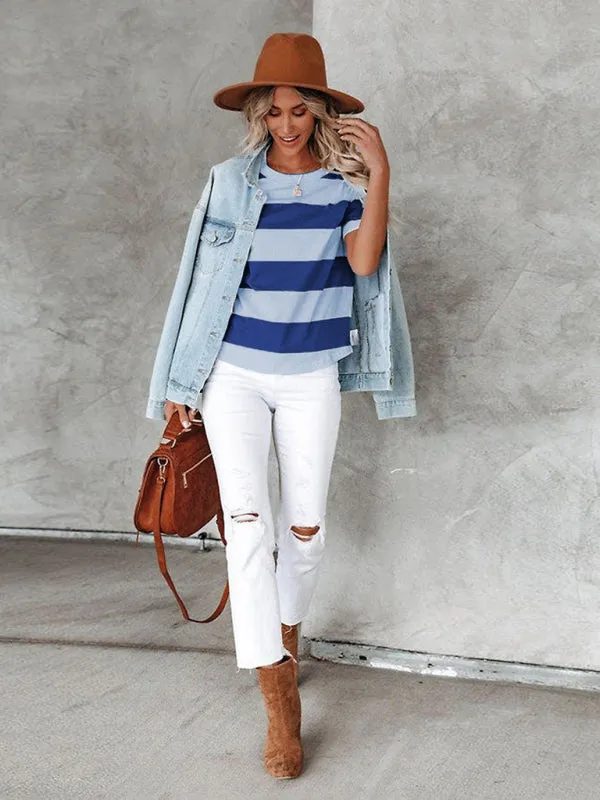 Blue and White Stripe Round Neck T-Shirt