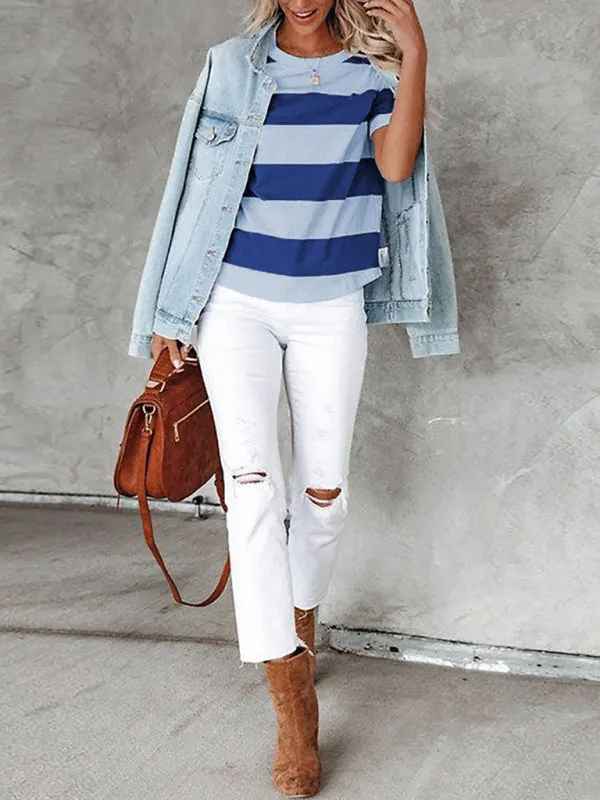 Blue and White Stripe Round Neck T-Shirt
