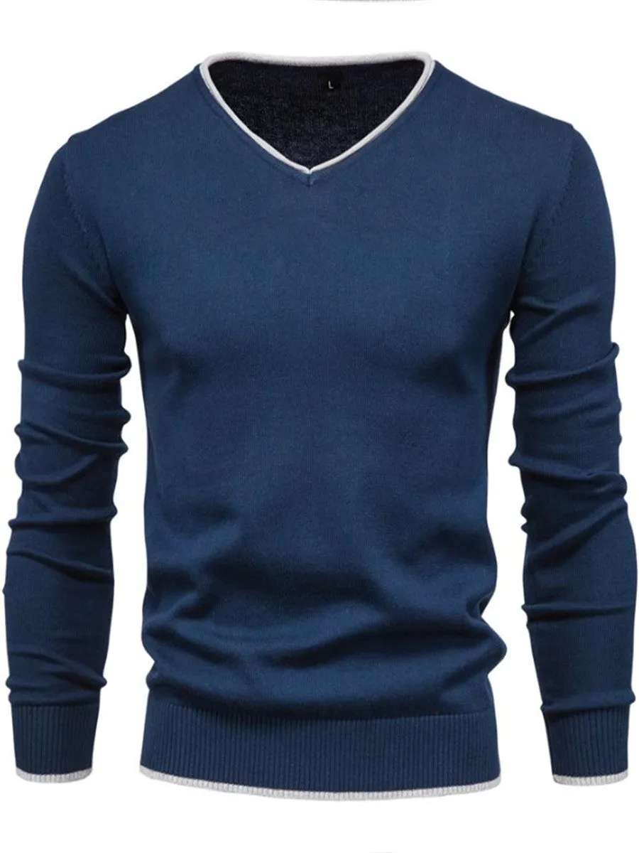 LONGBIDA Cotton Pullover Men V-Neck Sweater Solid Color Casual