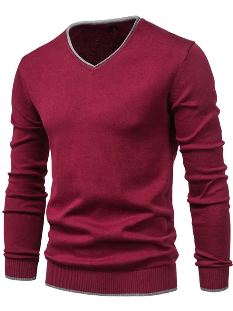 LONGBIDA Cotton Pullover Men V-Neck Sweater Solid Color Casual