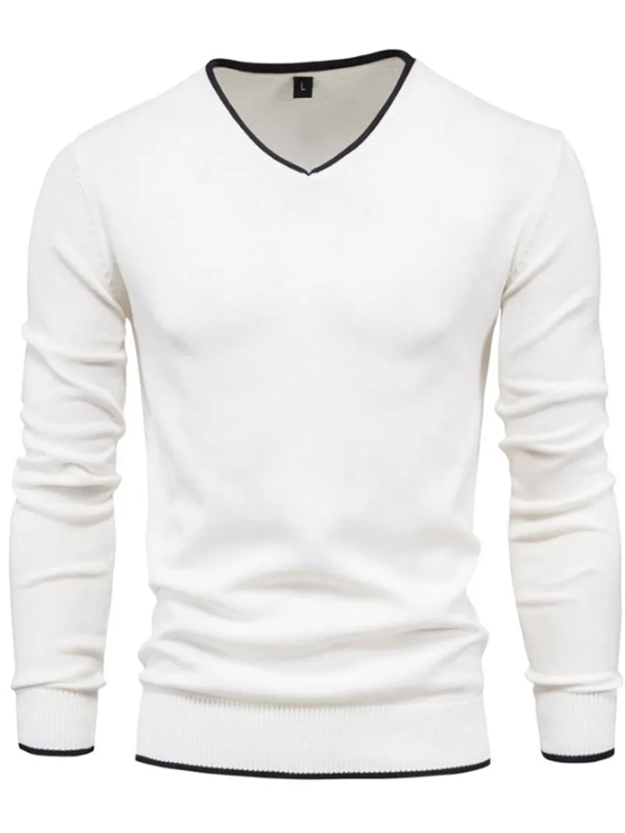 LONGBIDA Cotton Pullover Men V-Neck Sweater Solid Color Casual