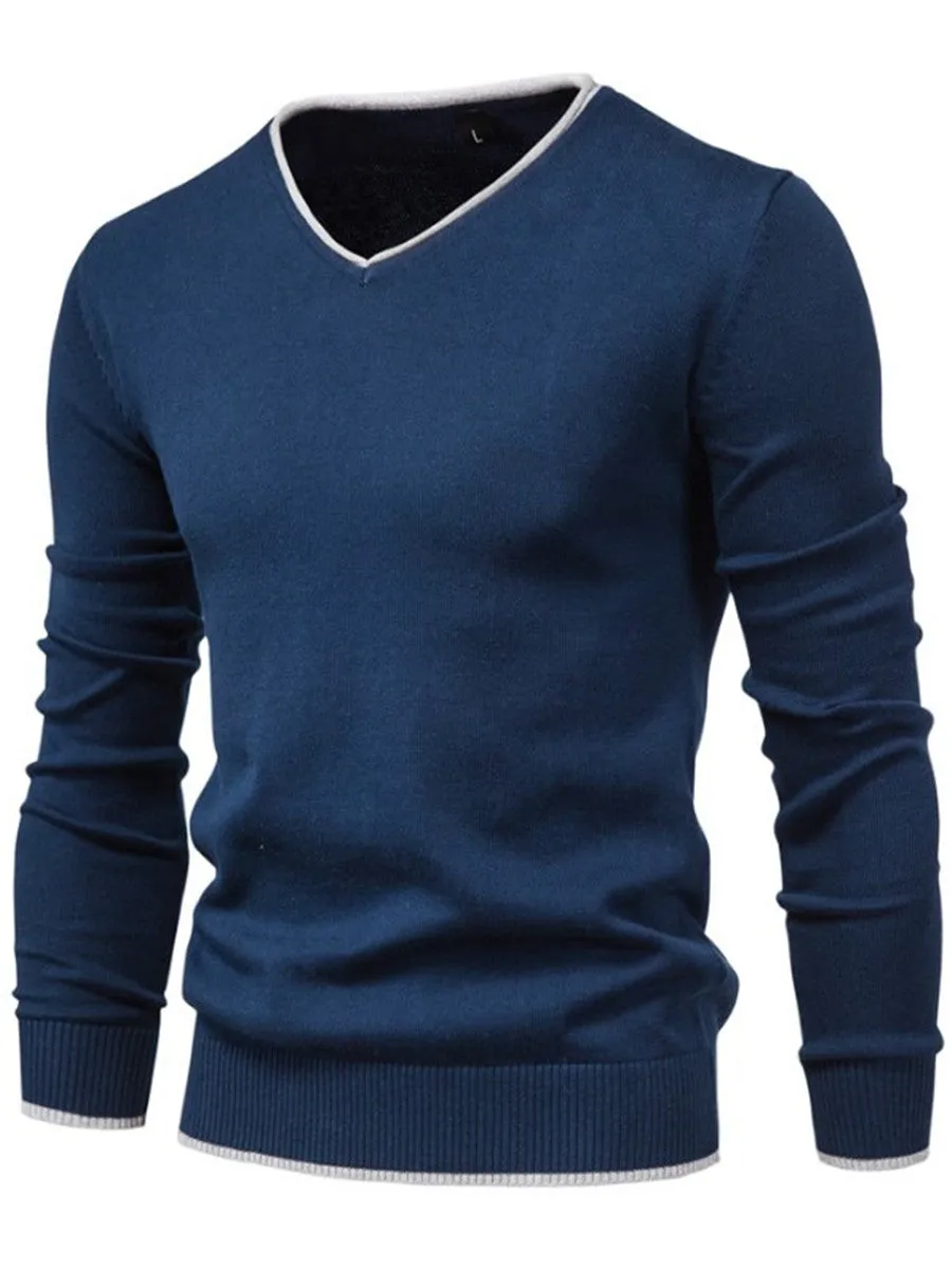 LONGBIDA Cotton Pullover Men V-Neck Sweater Solid Color Casual