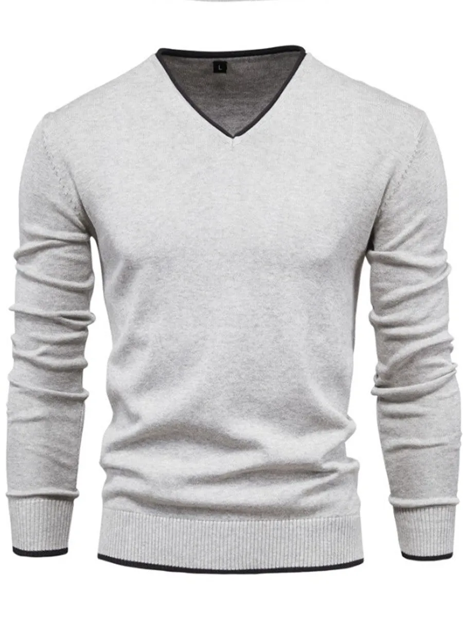 LONGBIDA Cotton Pullover Men V-Neck Sweater Solid Color Casual